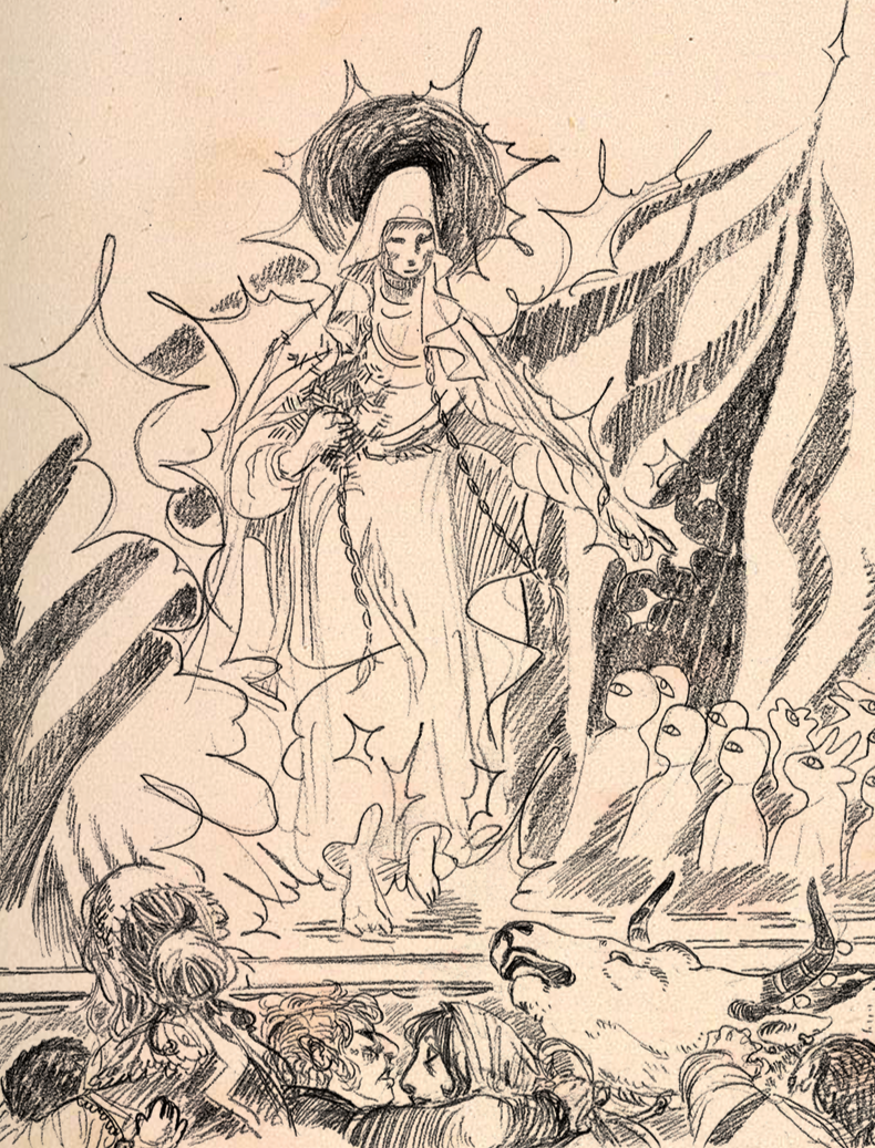 pencil drawing of a mural shwing a veiled figure pointing the way through a crack in the world. people passing in front f the mural look up at it, as they carry children and lead cattle.