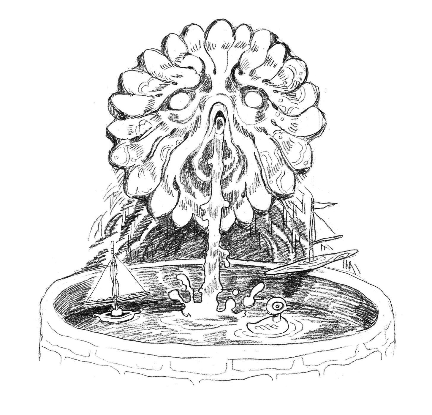 pencil drawing of a fountain in the shape of a mournful face. toy boats and a toy duck float inthe fountain pool.