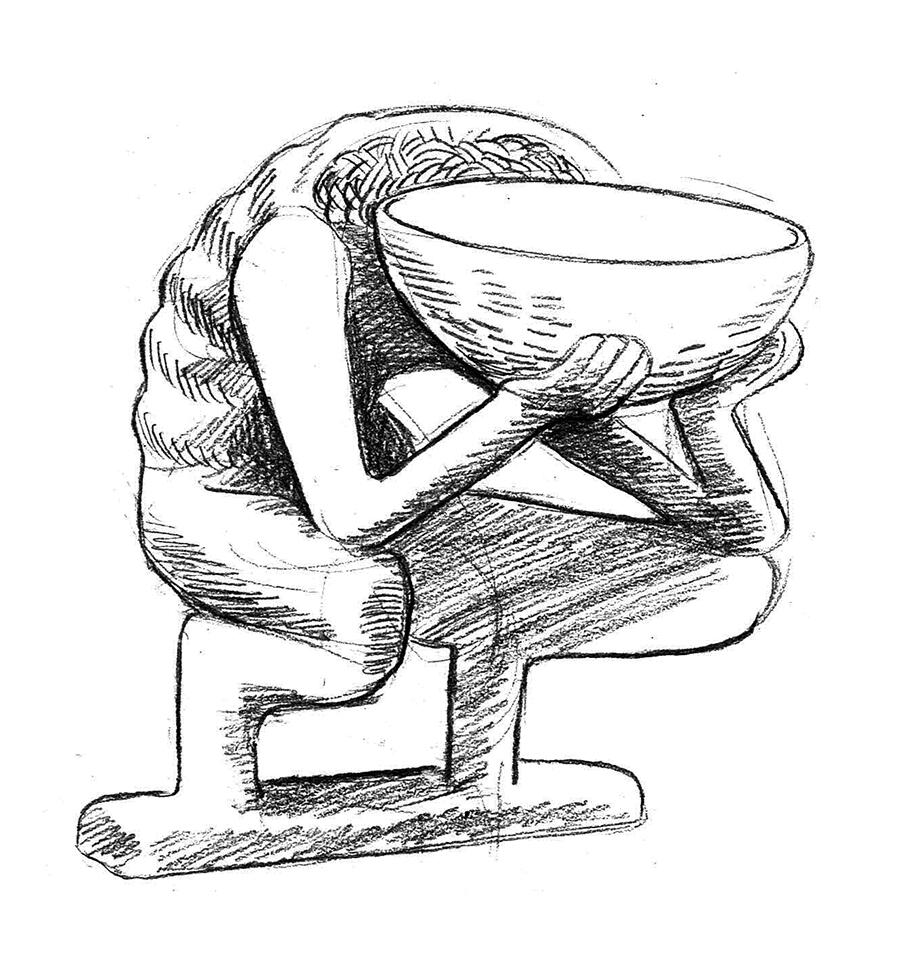 pencil drawing of a figurine shaped like a squatting figure whse head is a shallow bowl