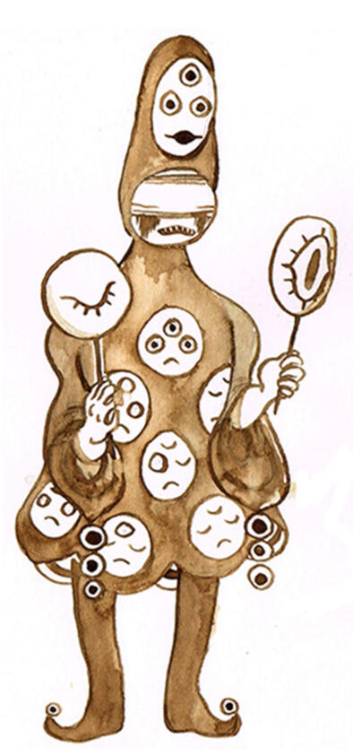 walnut ink drawing of a clown with a lot of eyes