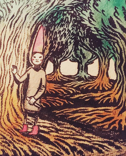 ink drawing of a forest of strange gnarled trees, with a gnome standing in the foreground with one hand on a tree trunk