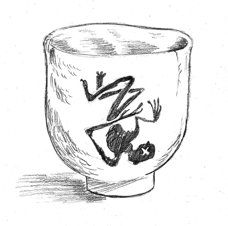 ink drawing of a forest of strange gnarled trees, with a gnome standing in the foreground with one hand on a tree trunk